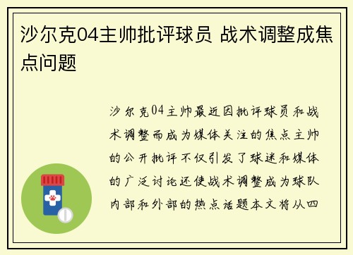 沙尔克04主帅批评球员 战术调整成焦点问题