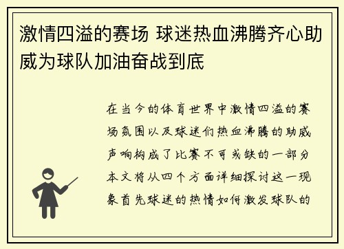 激情四溢的赛场 球迷热血沸腾齐心助威为球队加油奋战到底