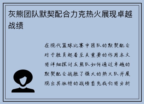 灰熊团队默契配合力克热火展现卓越战绩