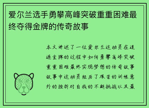 爱尔兰选手勇攀高峰突破重重困难最终夺得金牌的传奇故事