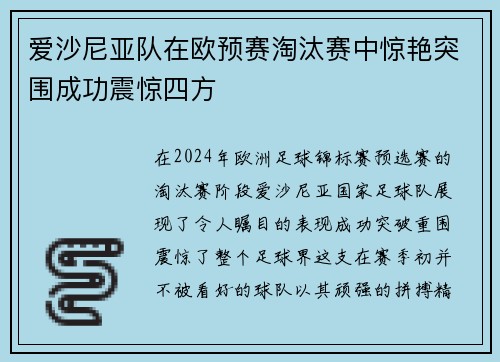 爱沙尼亚队在欧预赛淘汰赛中惊艳突围成功震惊四方